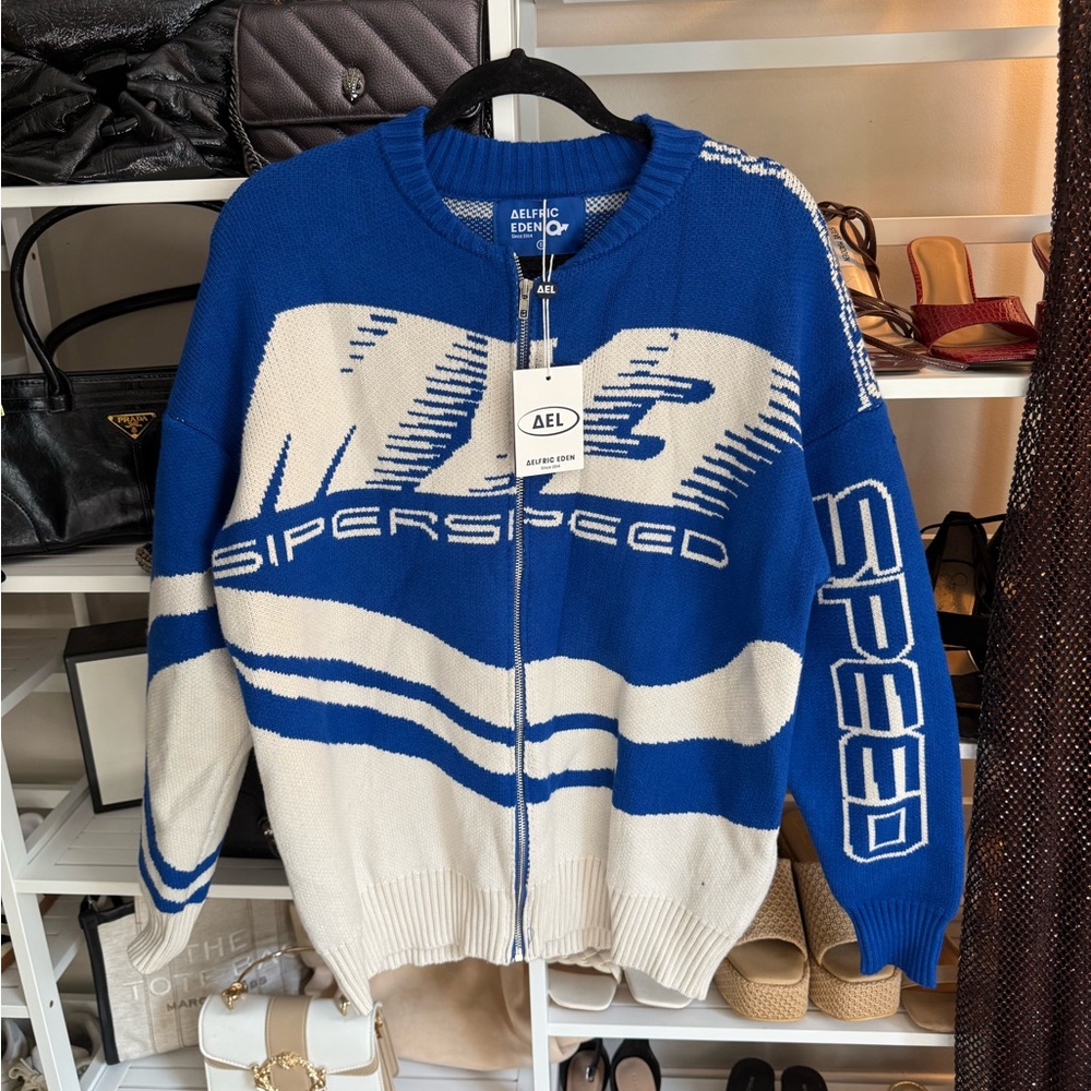 NWT Aelfric Eden Blue and White Zip Up Sweater